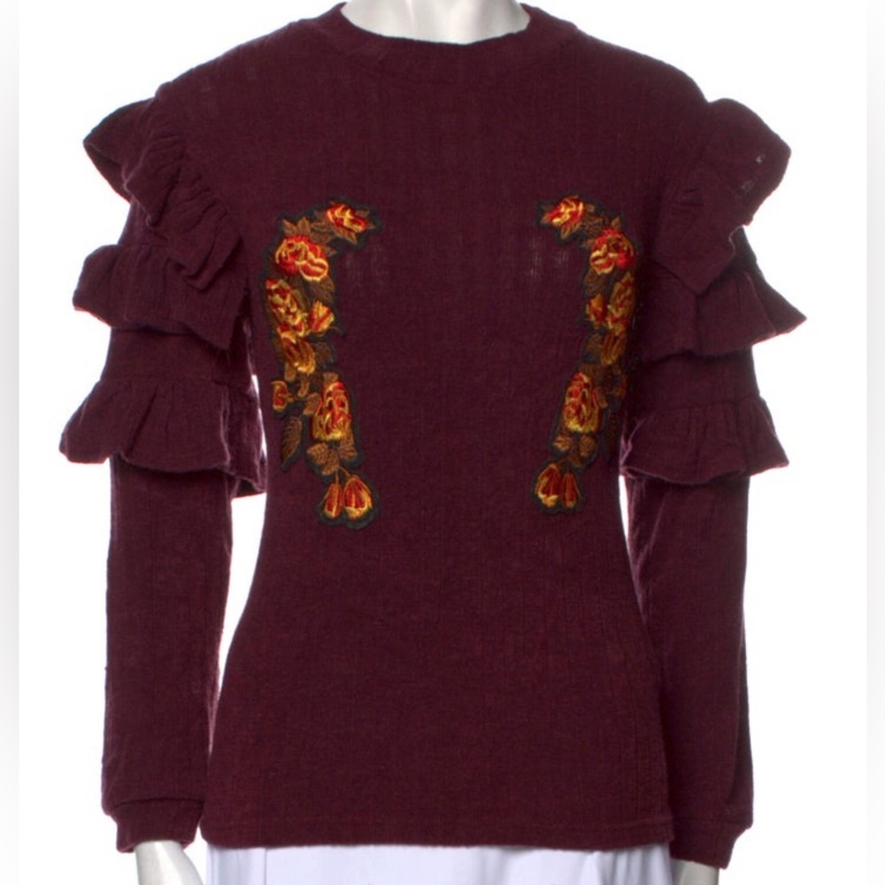 Fabulous UNIQUE Vintage Burgundy Sweater with Floral Embroidery